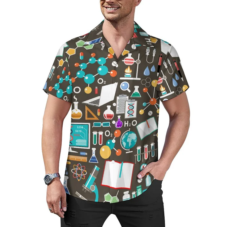 Science Biology Physics Geography Math Chemistry Men's Retro Bowling Shirts Rockabilly Style Button Down Cuban Camp Shirt - Heather Prints Shirts