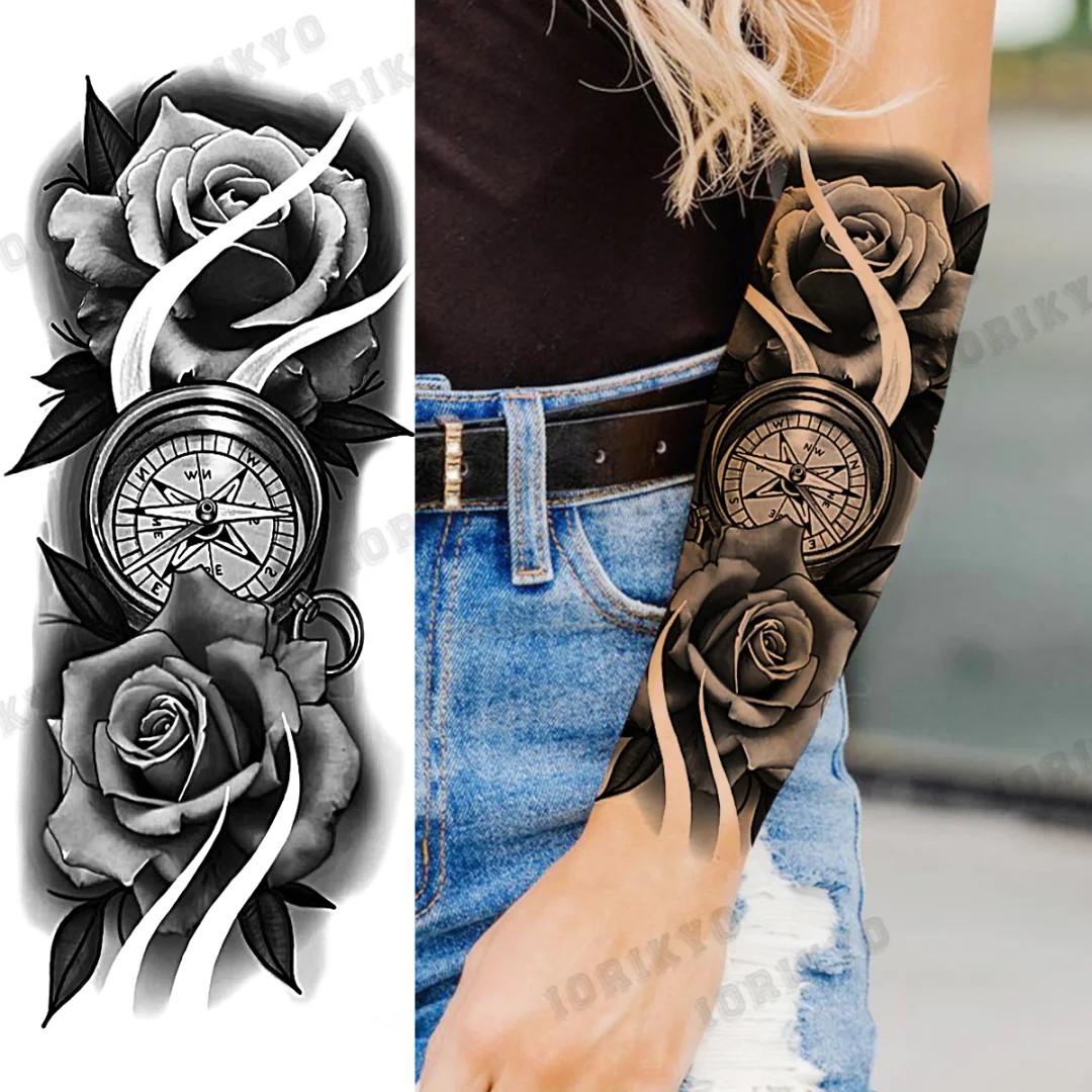 Sdrawing Devil Skeleton Temporary Tattoos For Men Adult Women Wolf Compass Gangster Fake Tattoo Washable Body Art Tatoo Sticker