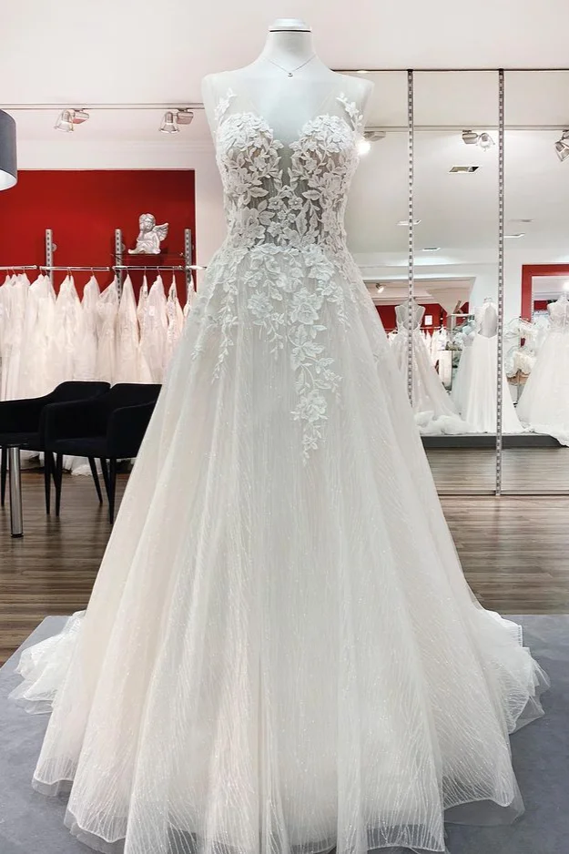 Daisda Long A-line Sweetheart Tulle Breath-taking Open Back Wedding Dress Detailed With Appliques Ruffles