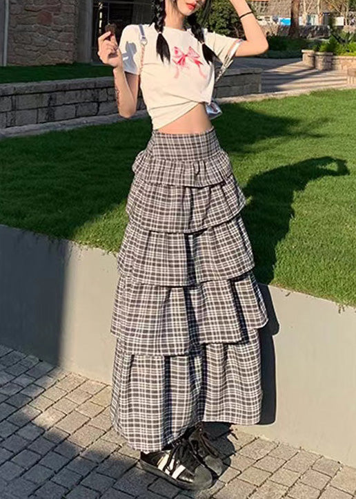 VCSHOES Plaid Ruffled Patchwork High Waist Cotton Skirts Summer