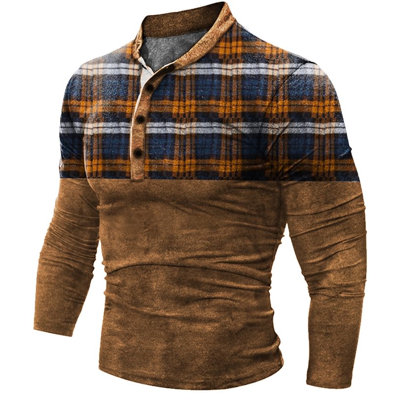 Men's Outdoor Plaid Print Henley Shirt-Compassnice®