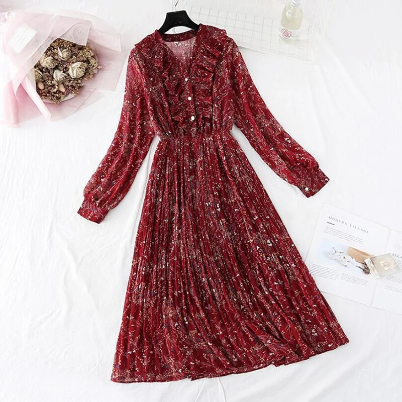 2020 Spring Summer Pleated Chiffon Dresses Women Vintage V-neck Ruffles Long Dress Long Sleeve Floral print Office Dress Vestido