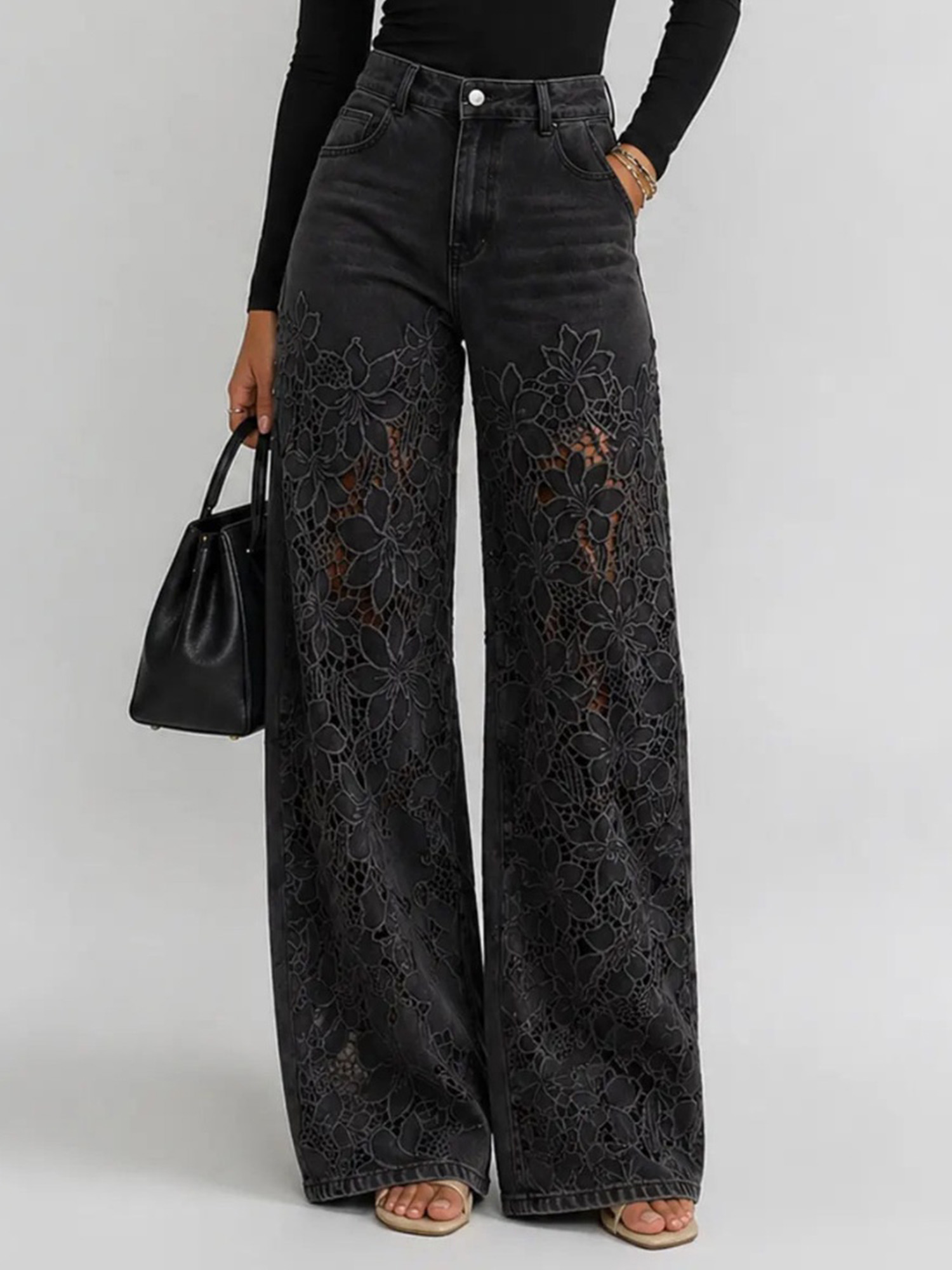 Day Wear &mdash; Dark Gray Artisan Floral Overlay Premium Denim Jeans