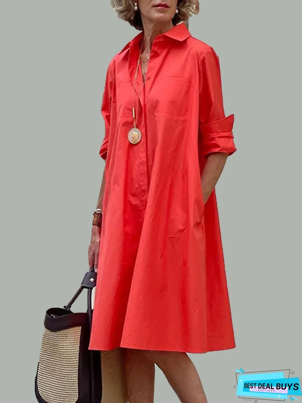 Shirt Dress Long sleeve Plain Simple Dress