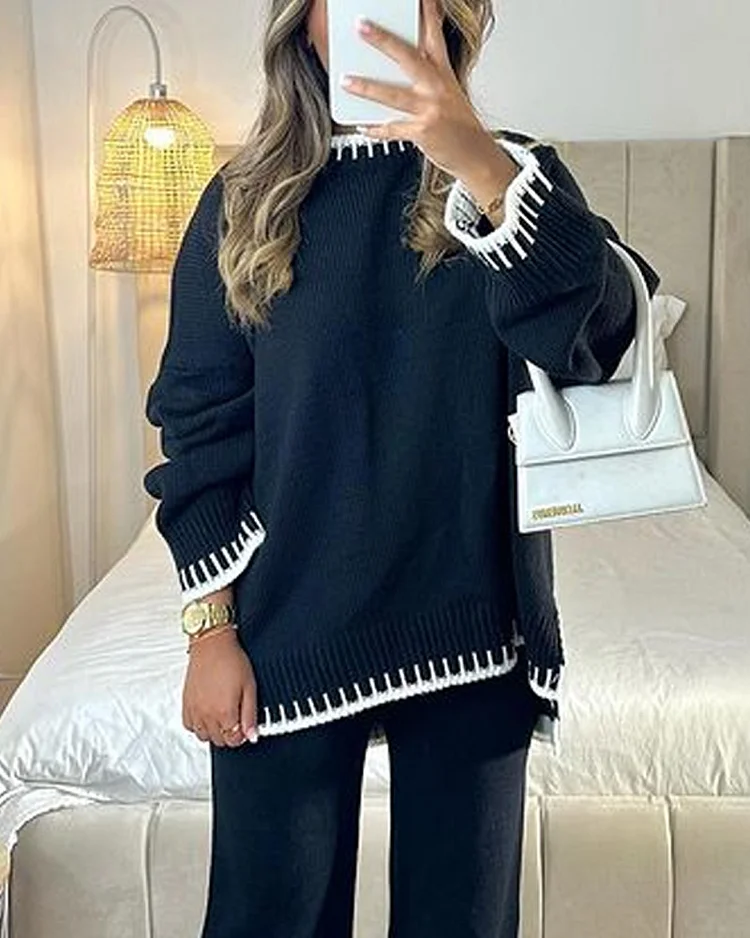 Solid Color Casual Fashion Knitted Line Decorative Two-piece Set