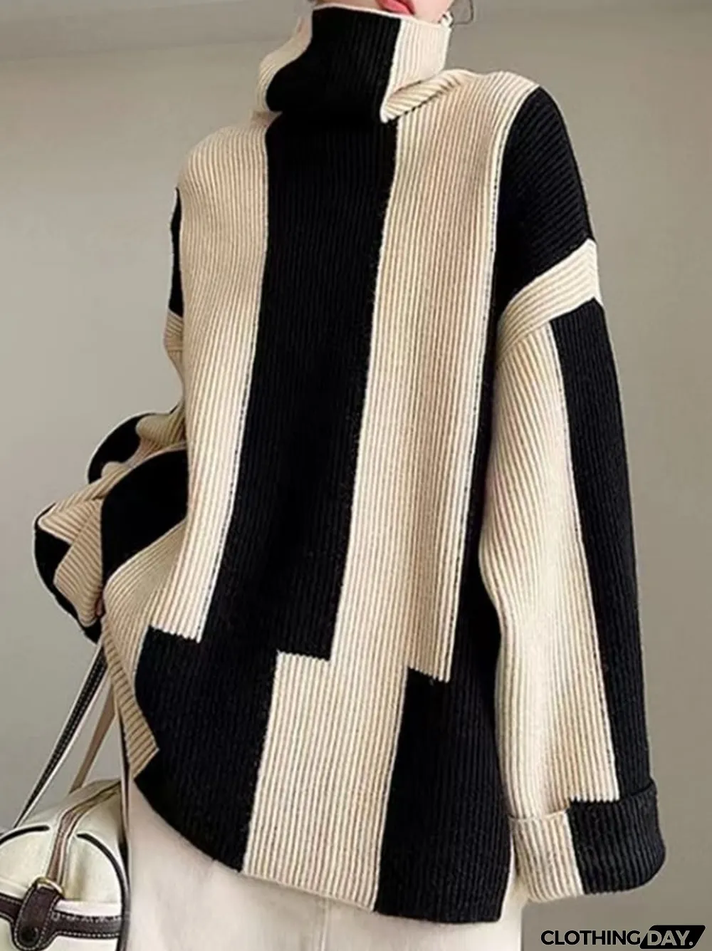 Women's Fashion Color Blocking Contrast Oversized Turtleneck Sweater
