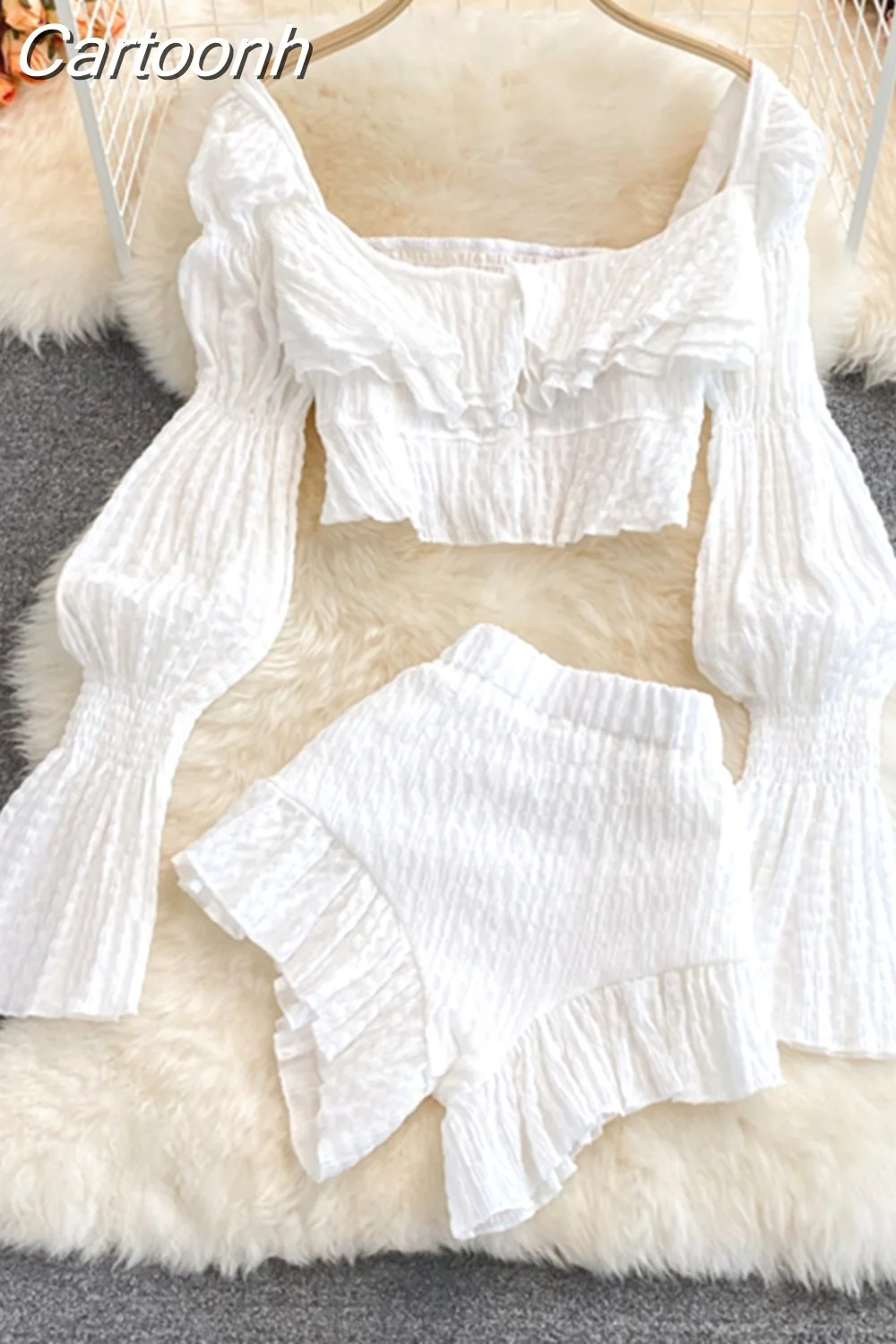 Cartoonh Two Piece Set Women 2023 Summer New High Street Fashion Sexy French Outfits Navel Blouses + Solid Wild Ruffles Shorts