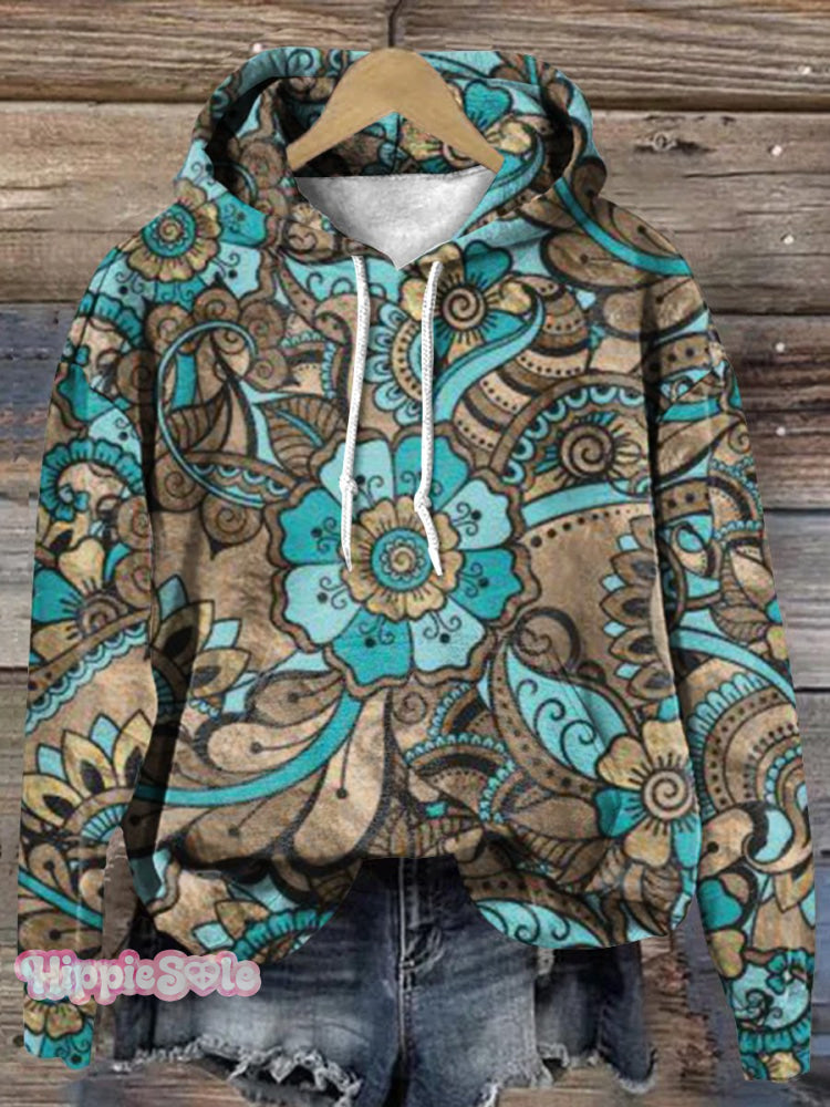 Retro Cyan Flowers Art Print Casual Hoodie Sweatshirt Multicolor / S