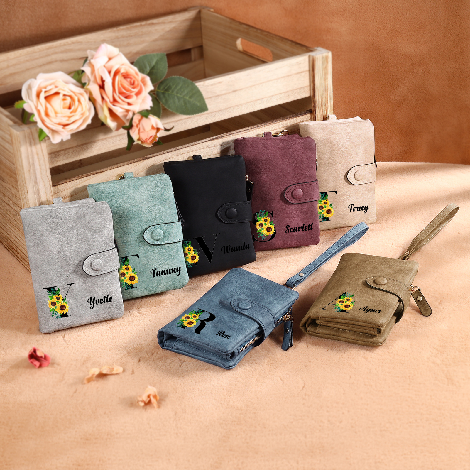 Portafoglio in PU pelle girasole con 1 letetra & 1 testo & 1 nome & 1 foto personalizzati per mamma/nonna