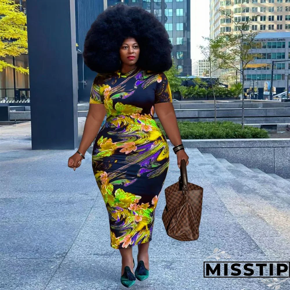 Floral Print Short Sleeve Vintage Plus Size Dresses