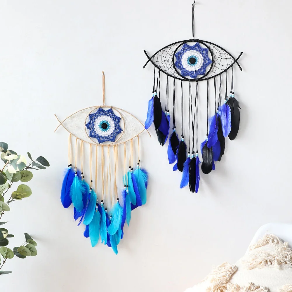 Evil Eye Dream Catcher Boho Room Decor Handmade Eye Wall Decor Blue Feather Dreamcatcher Wall Hanging Wall Art Living Room Gift