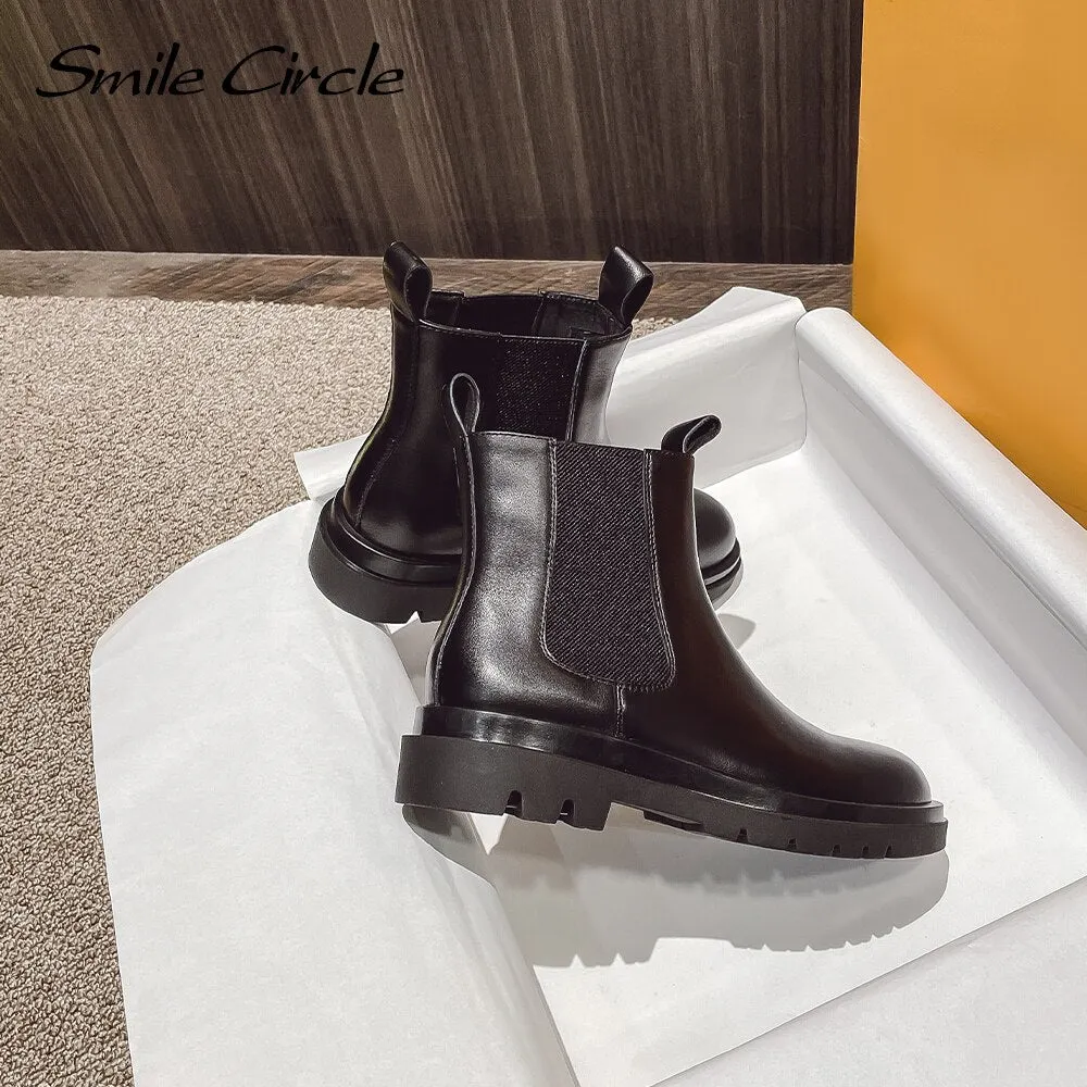 Smile Circle Chelsea Boots Ankle Boots Women Cow Leather Autumn Fashion Slip-On Platform Boots Round toe Booties femme