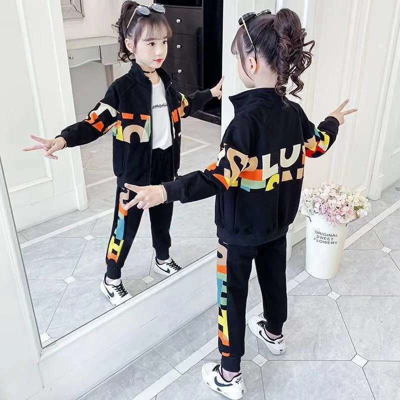 2021 New Autumn Spring Girls Clothing Suits Winter Coat Kids Colored Dots Cotton Sweatshirt Tracksuit Sport Suits Outwear