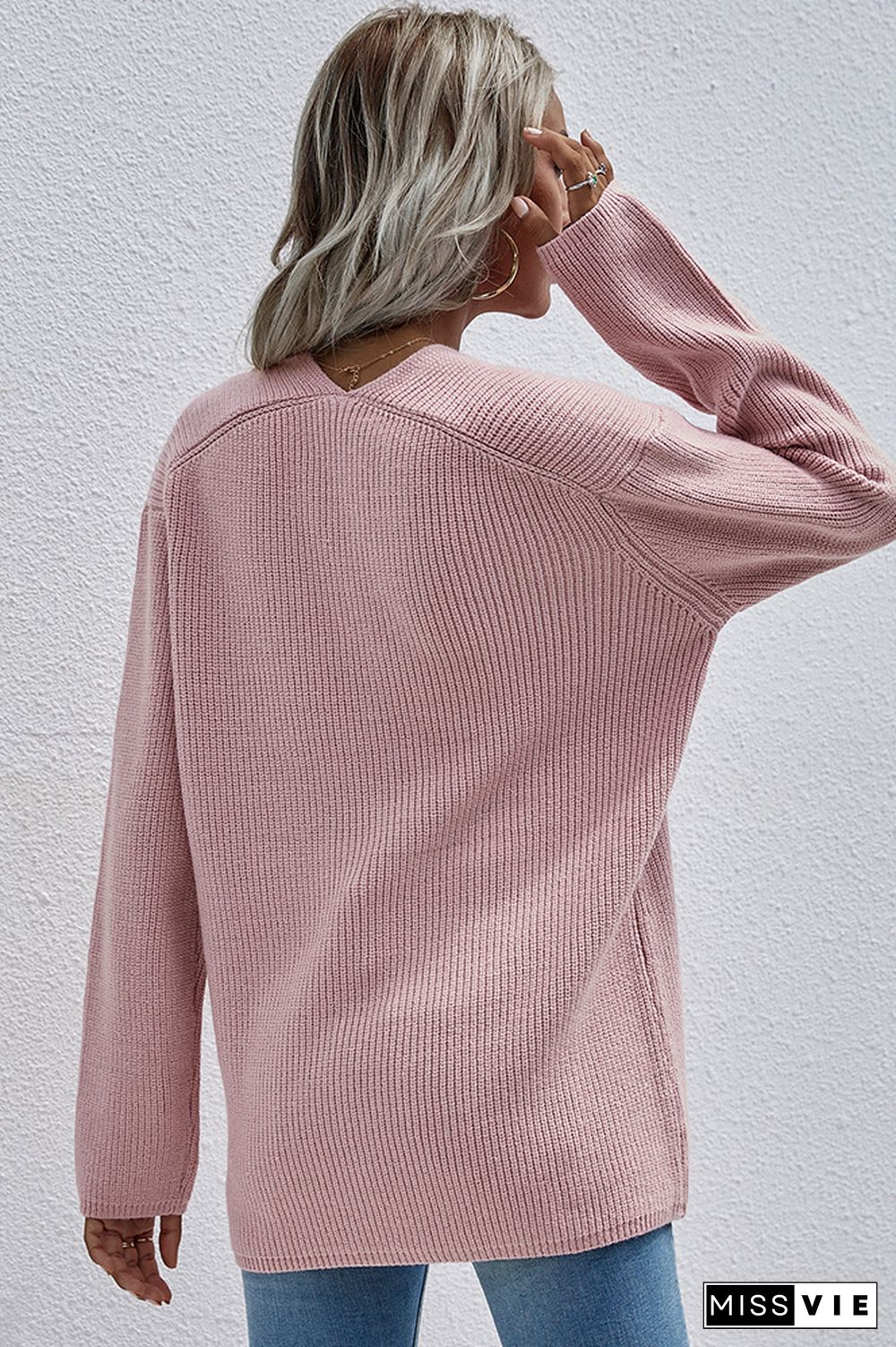 V-neck Long Sleeves Loose Solid Color Pullover Sweater Wholesale