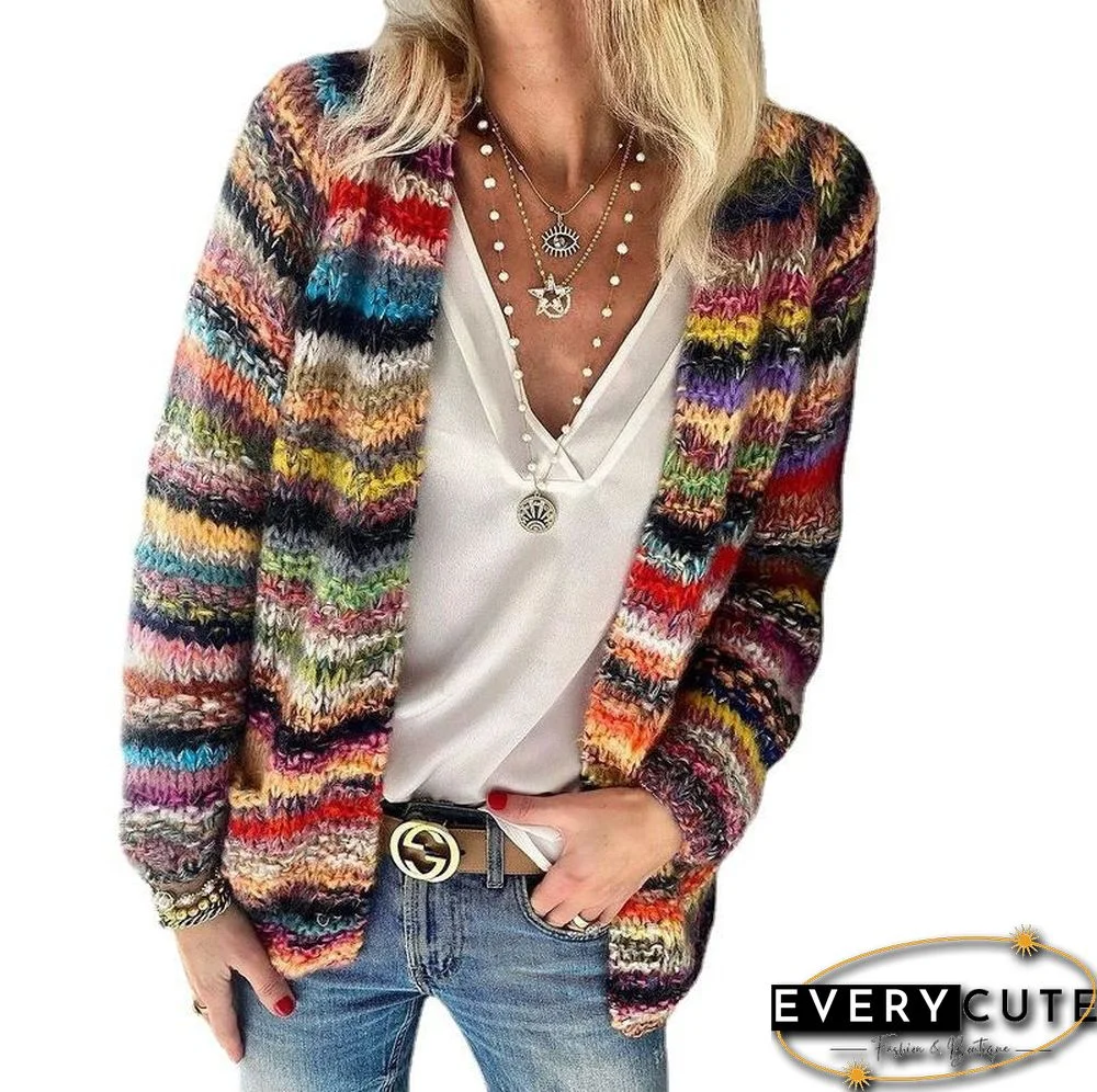 Slouchy Rainbow Stripe Cotton Knit Cardigan Sweater Tops