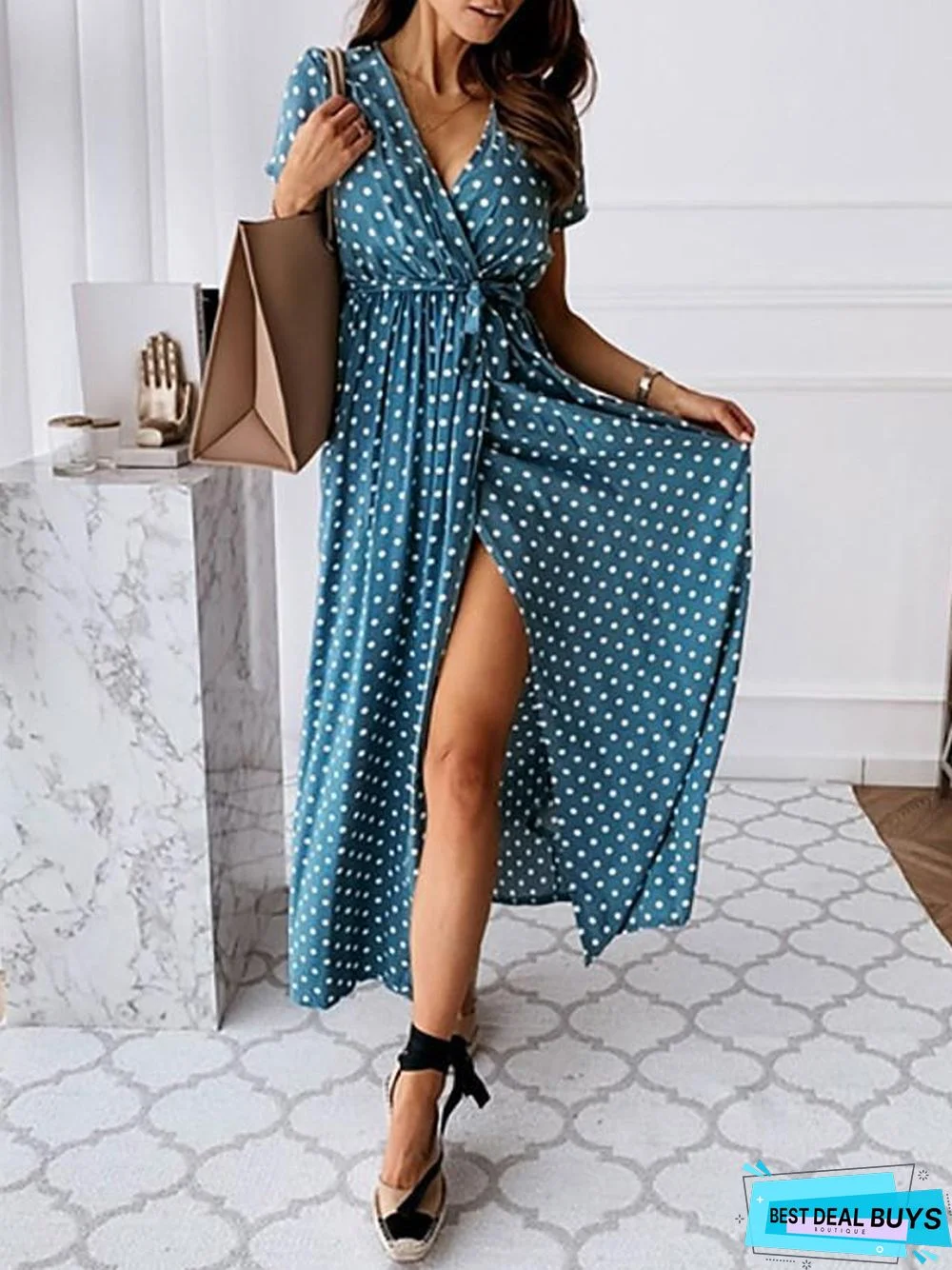 Women's Wrap Dress Maxi Long Dress - Short Sleeve Polka Dot Print Summer V Neck Hot Casual Sexy Black Blue Blushing Pink Dark Green Black Dresses