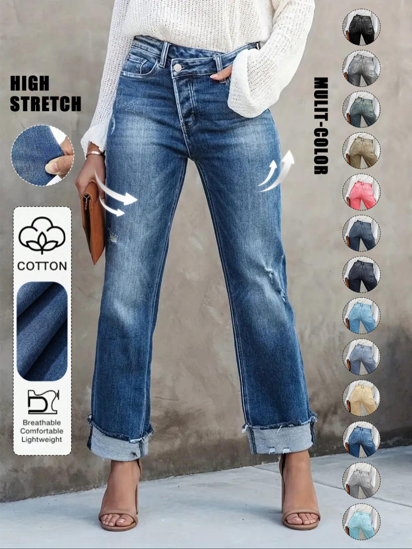 Women's Solid Color Jeans, Casual Comfy Denim Pants for Daily Wear, Ladies Bottoms for All Seasons