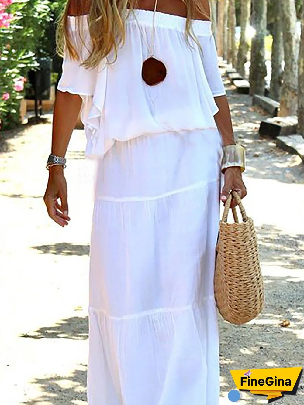 Boat Neck Loosen Casual Solid White Wedding Maxi Short sleeve Woven Dress