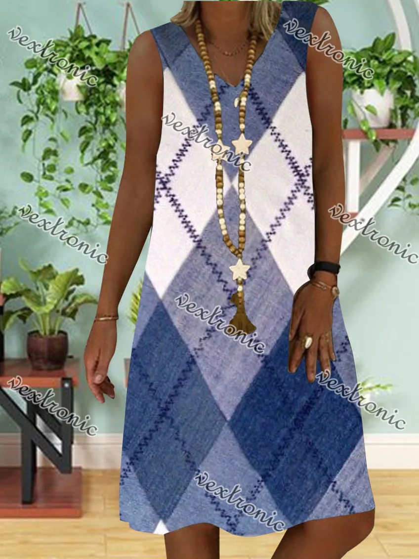 Women's Sleeveless V-neck Geometric Printed Midi Dress