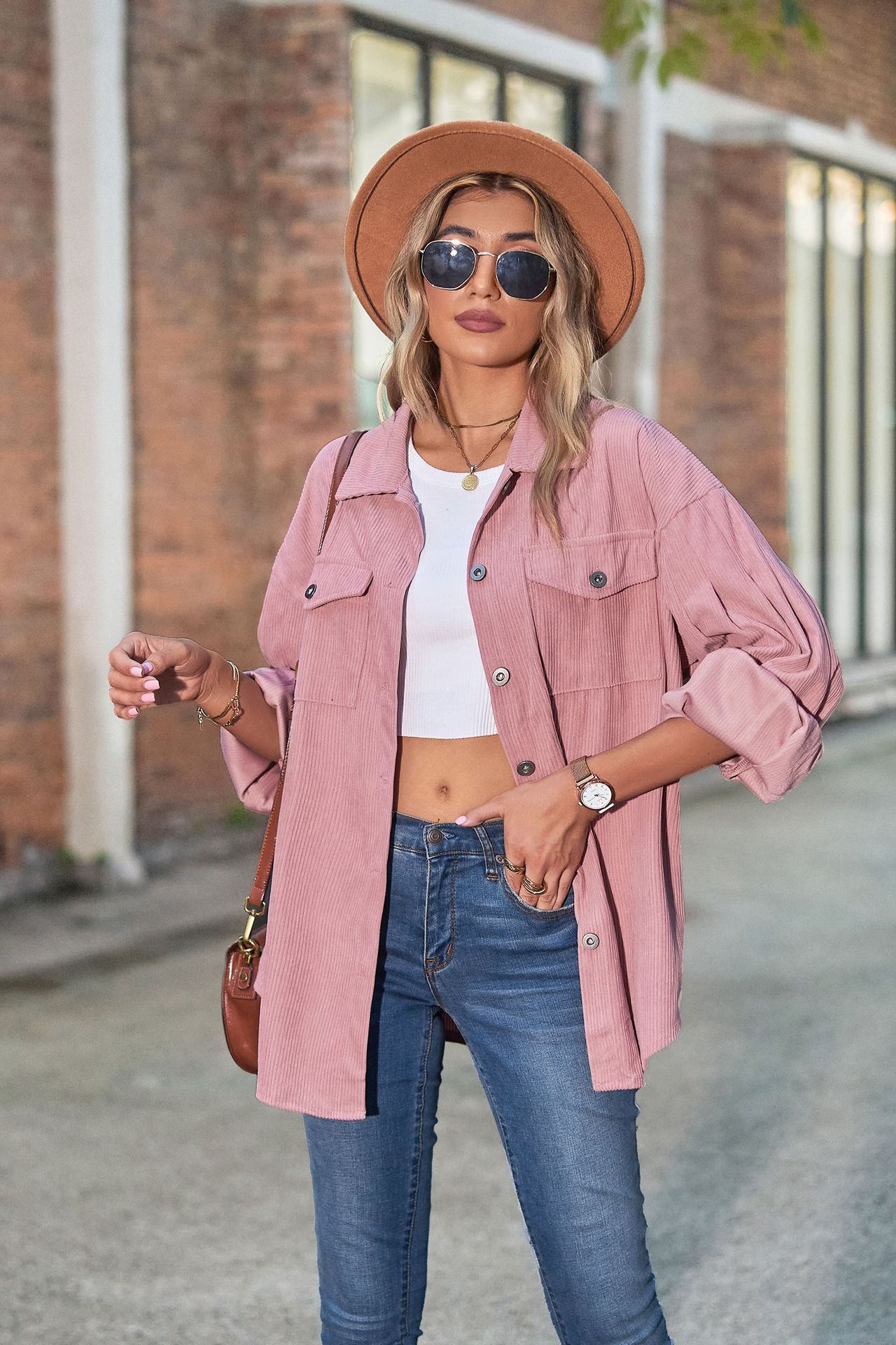  thdmladies Casual Loose Balloon Sleeve Corduroy Shirt thedmladies