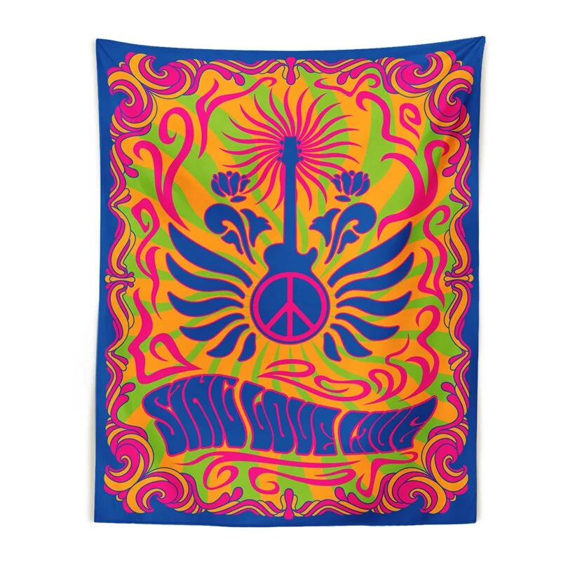 Vintage music poster Tapestry Wall Hanging stylized 60s 70s psychedelic background peace symbol eye floral Home Decor Wall Decor