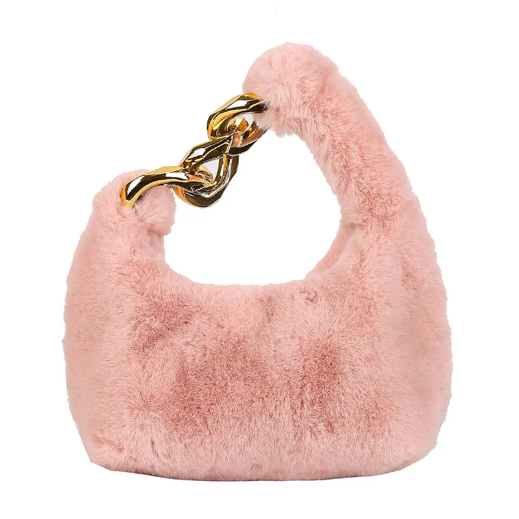 Women Fluffy Handbag Zipper Plush Soft for Shopping Dating Travel (Pink)