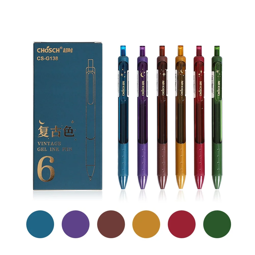JIANWU 6pcs/set 0.5mm Retro Colored Star Gel Pen Matte Penhold Simple Press Journal Neutral Pen School Office Supplies Student