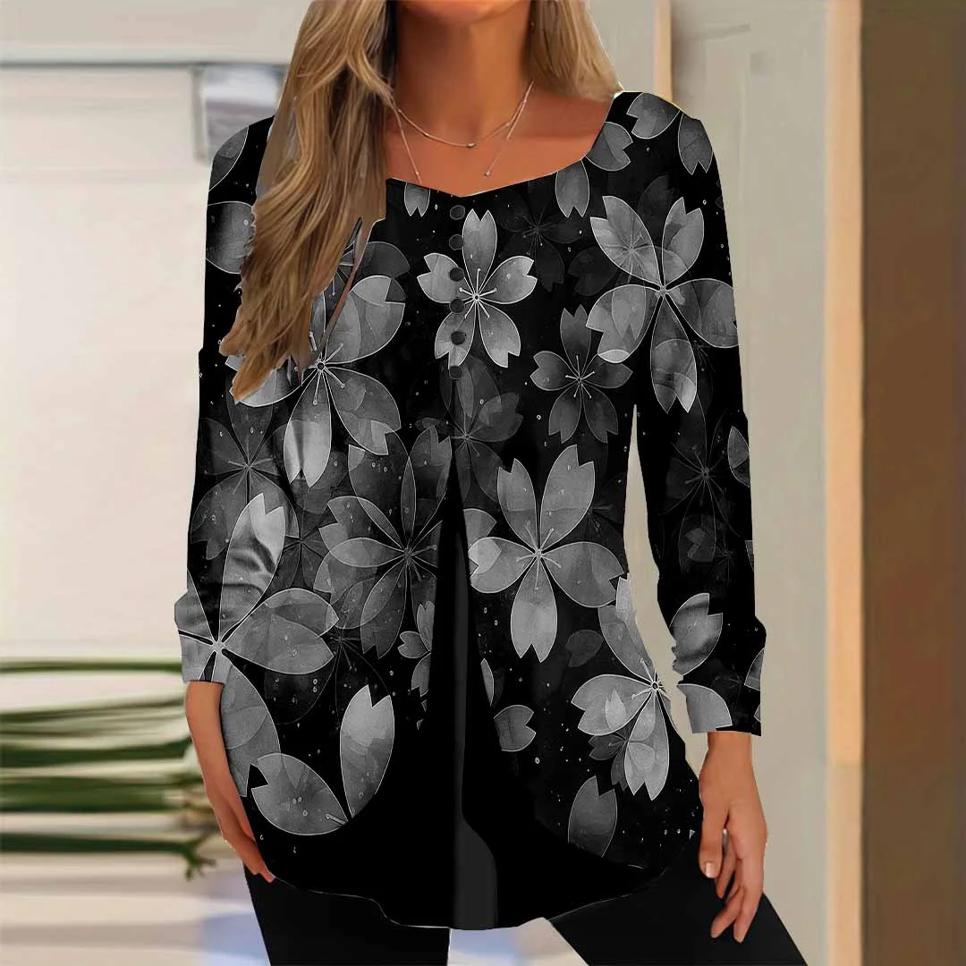 Women Floral,Black DZGG8196 Long Sleeve Scoop Neck Printed Graphic Button Fake 2in1 Tops