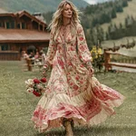 Women's Vintage Pink Rose Comfy Linen V-neck Dress - Image 2