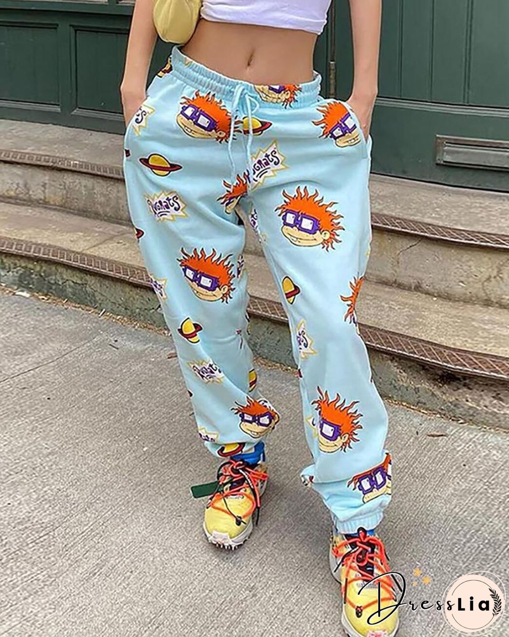 Cartoon Print Pockets Design Drawstring Casual Pants