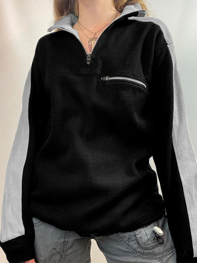 Vstacam 2022 Patchwork Knit Zipper Sweatshirt Women Y2K Aesthetics Sports Long Sleeve Tops Oversize Fashion Gothic Black 90S