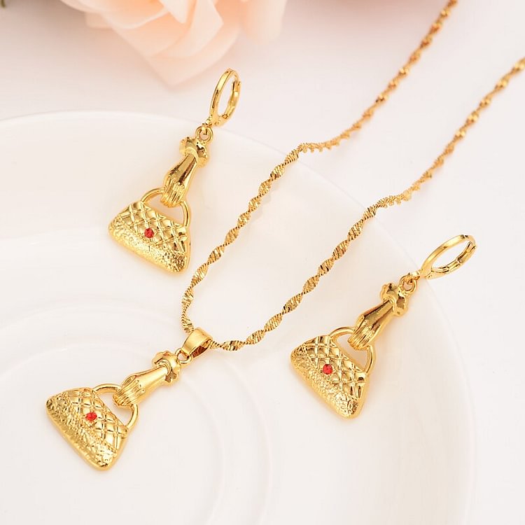 gold PNG Necklace pendant Earrings  red stone Set Women Party Gift