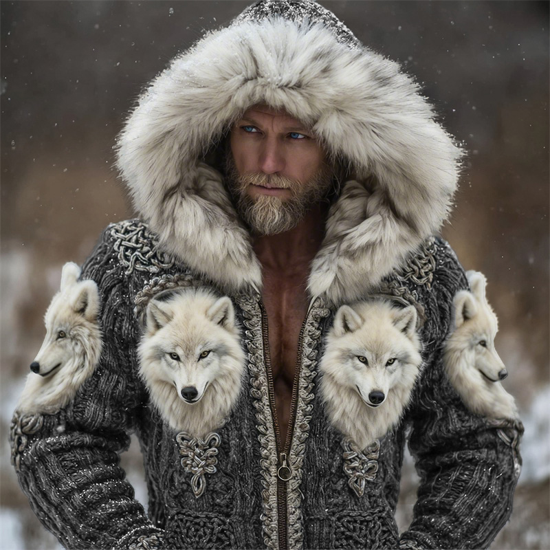 Men's Viking Fuzzy Wolf Celtic Cozy Fur Trim Hooded Cardigan elevenforest