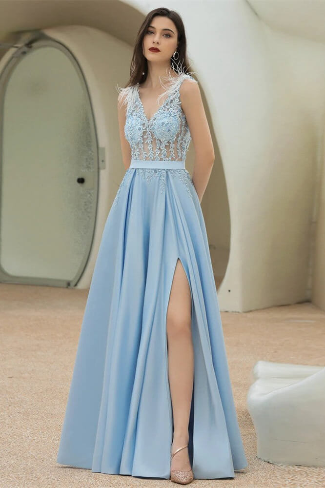New Arrival Sky Blue Sleeveless V-Neck Prom Dress Long With Lace Appliques Split - lulusllly