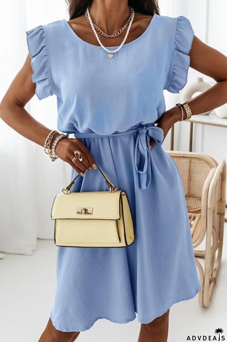 Fashion Elegant Solid Flounce With Belt O Neck A Line Dresses