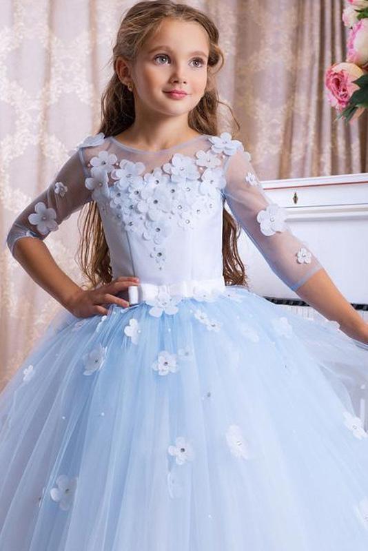 Bellasprom Light Blue Scoop Neck 3/4 Sleeves Ball Gown Flower Girls Dress Bellasprom