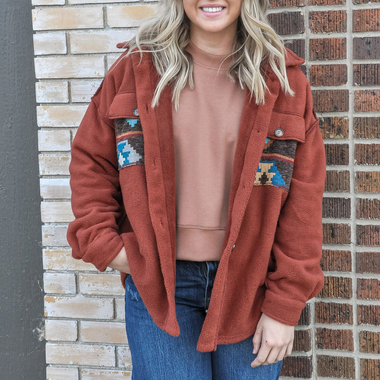 Brick Ethnic Print Fleece Shacket
