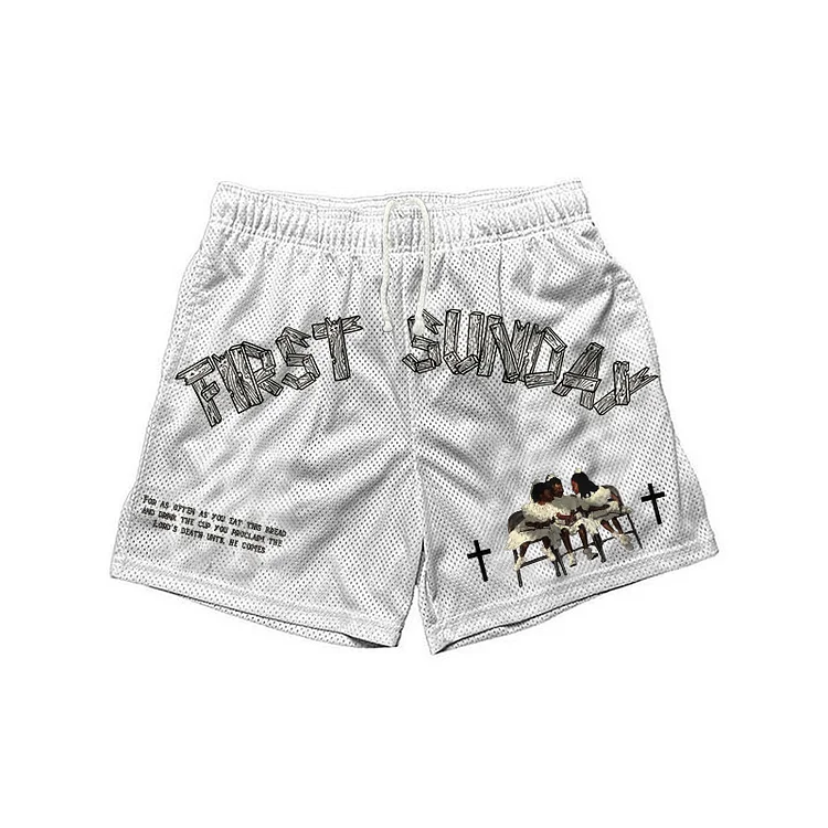 Retro First Sunday Faith Print Graphic Mesh Shorts SOPULA