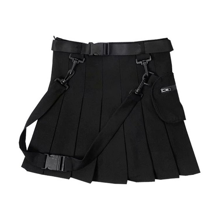 Chic Pocket Belted A-line Pleated Skirt  - Modakawa Modakawa