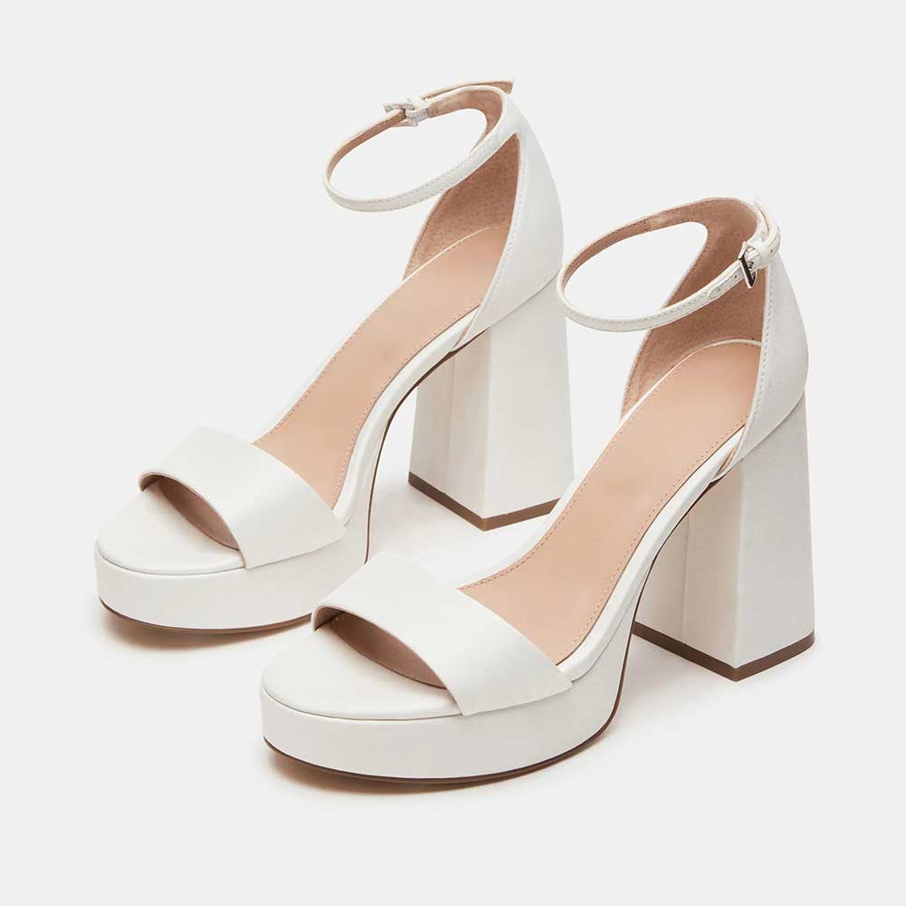 White Buckle Ankle Strap Round Toe Block Heel Platform Sandals Nicepairs