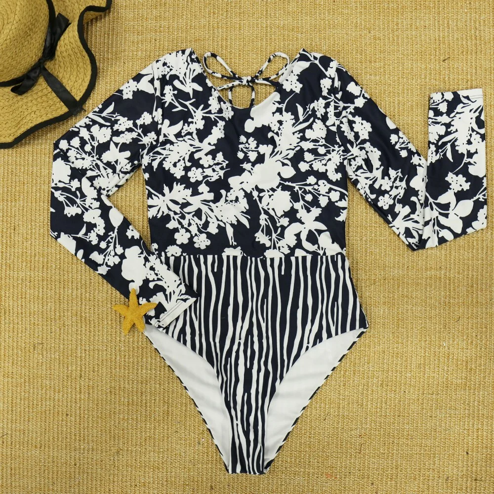 Long Sleeve Print Floral 2021 New One Piece Swimsuit Swimwear Women Zipper Bathing Suit Retro Swimsuit Vintage Surfing Swim Suit