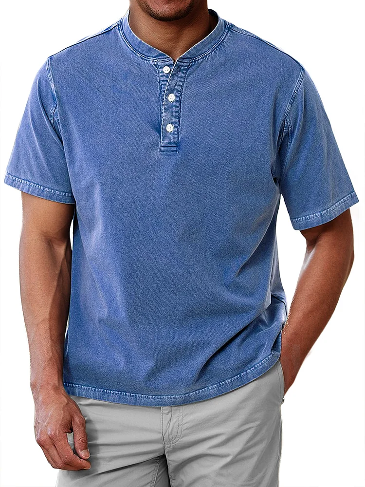 Men's Vintage Casual Button Down Solid Color Short Sleeve Henley Shirt