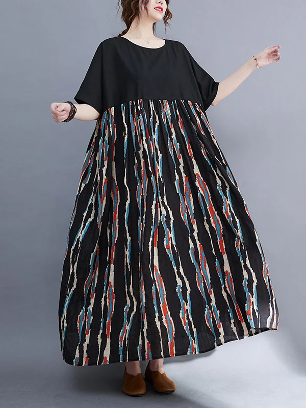 Loose Artistic Retro Contrast Color Striped Midi Dress