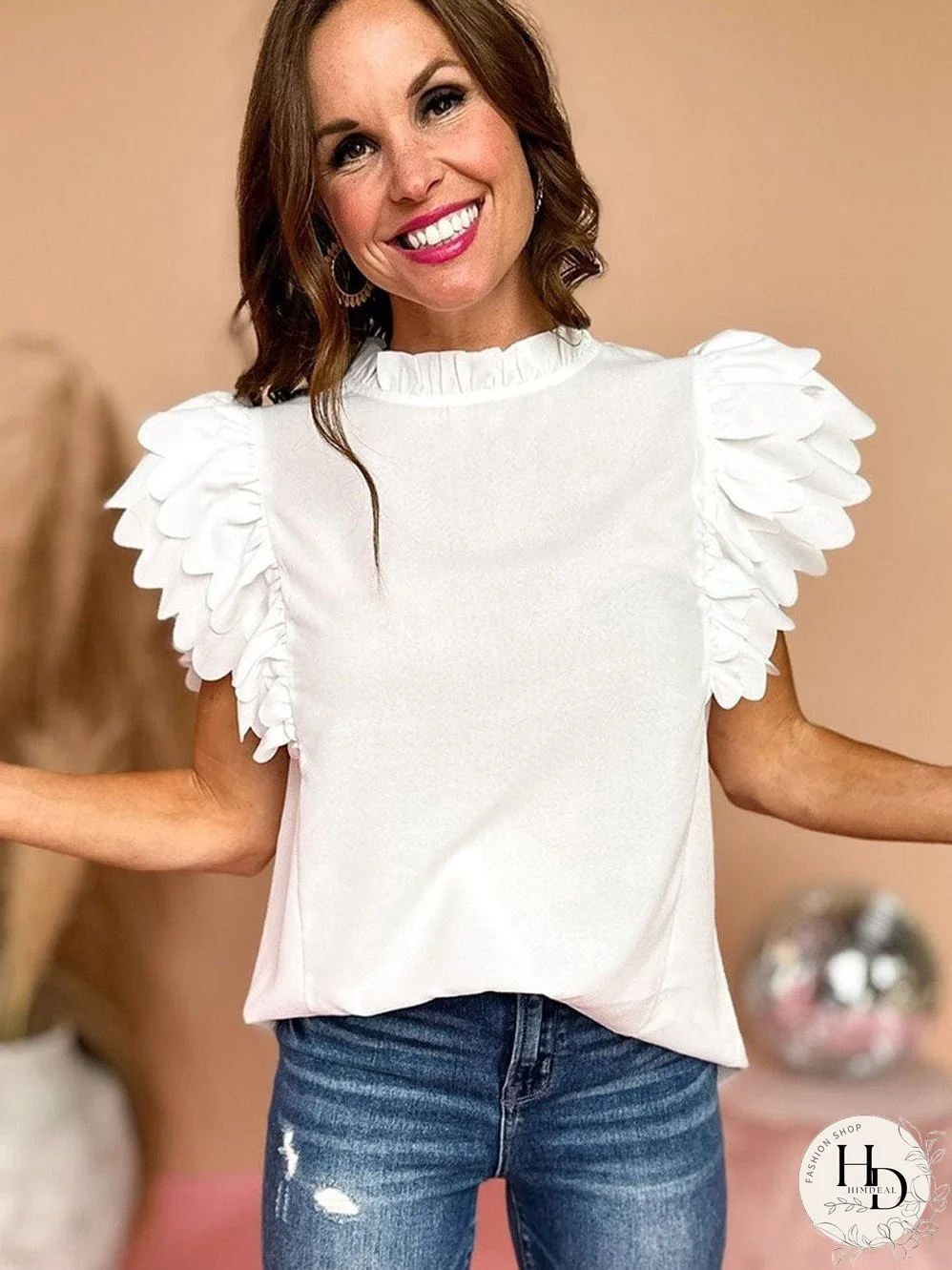 White Mock Neck Blouse with Ruffles