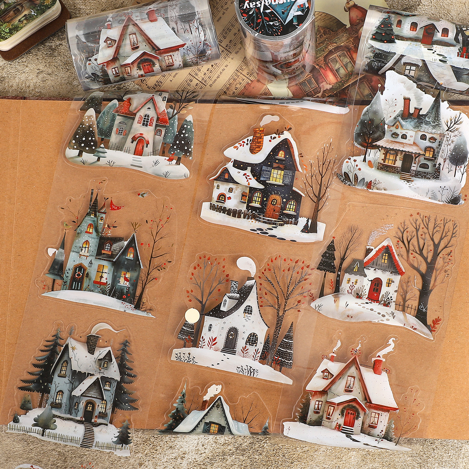 PET 테이프 - 80mm*310cm 빈티지 크리스마스 스노우 하우스