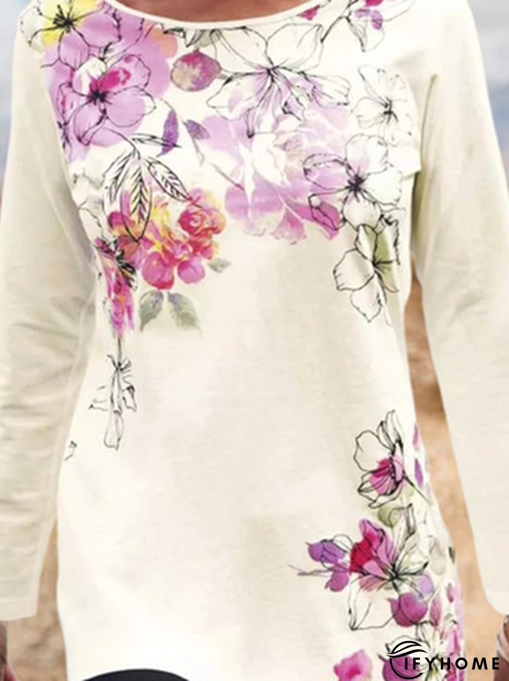 Floral Long Sleeve Crew Neck Casual Tunic T-Shirt | IFYHOME