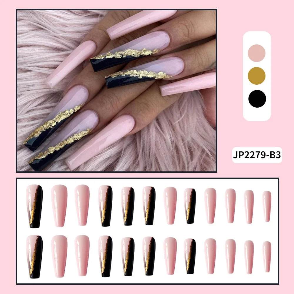 European Fake Nails Women Coffin MId Length False Nails Tip with Stripe Design Press on Matte Nail Patch for DIY Art Nail Salon-Nail Inspo