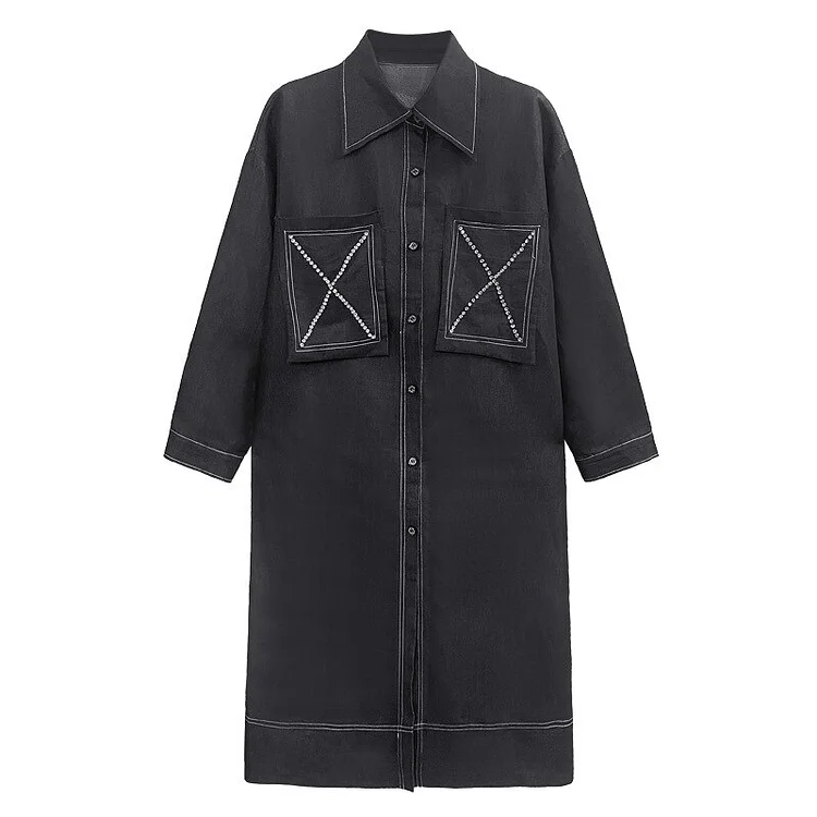Fashion Loose Solid Color Turn-down Collar Single-breasted Long Sleeve Topstitched Trench Coat