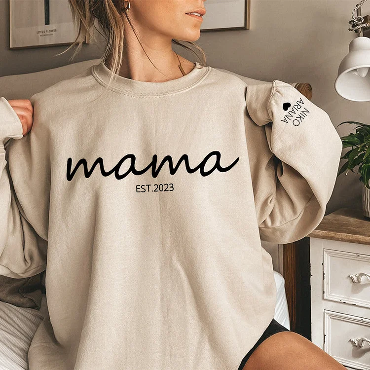 Custom Chest Text Est Year Mama Sweatshirt, Custom Mother's Day Sweatshirt, with Children's Names on the Sleeve