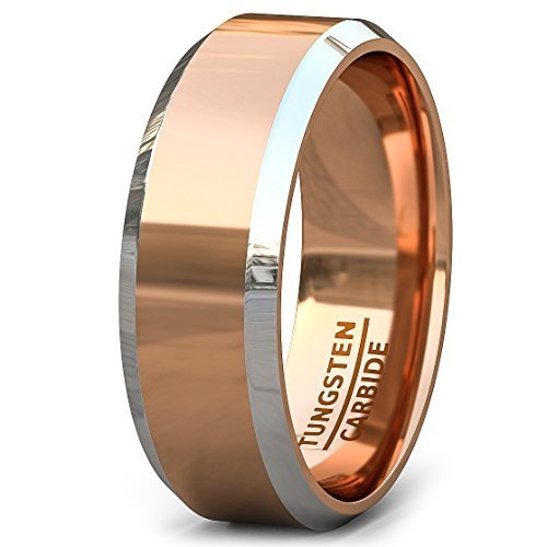 Women's Or Men's Tungsten Carbide Wedding Band Rings,Rose Gold Ring with Two Tone Silver Side Stripes High Polish Comfort Fit Ring With Mens And Womens For Width 4MM 6MM 8MM 10MM